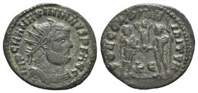 Maximianus (286-305). Æ Radiate (22mm, 3.18g, 6h). Cyzicus, 295-9. Radiate, draped and cuirassed bust r. R/ Jupiter presenting Victory on globe to Max...