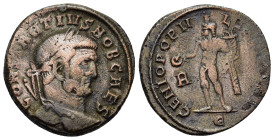 Constantius I (Caesar, 293-305). Æ Follis (25,4mm, 8.7g). Rome, AD 296-297. Laureate head r. R/ Genius standing l., wearing modius and chlamys, holdin...