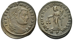 Constantius I (305-306). Æ Follis (29,5mm, 10.6g). Rome, AD 305. Laureate head r. R/ Moneta standing l. holding scales and cornucopiae; star in upper ...