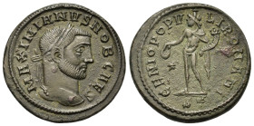 Galerius (Caesar, 293-305). Æ Follis (28,8mm, 11g), Ticinum, AD 298-299. Laureate head r. R/ Genius standing front, head l., holding patera from which...