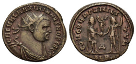 Galerius (Caesar, 293-305). Æ Follis (21,4mm, 3.2g). Alexandria. Radiate, draped and cuirassed bust r. Galerius, standing r., receiving small Victory ...