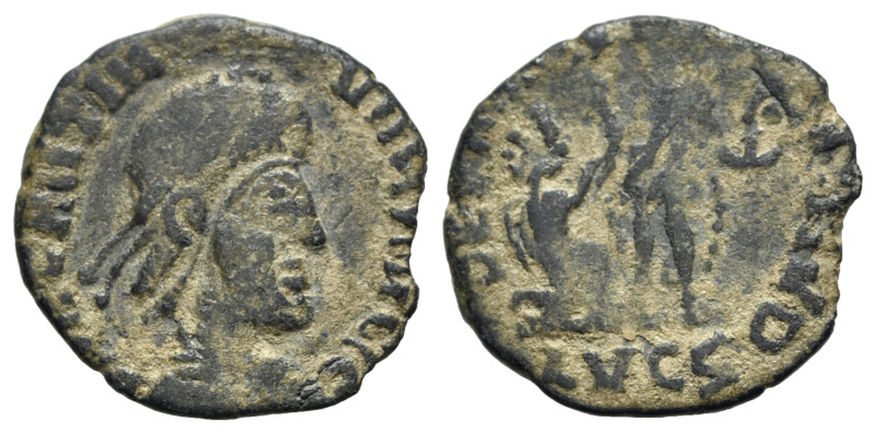 Magnus Maximus (383-388). Æ (21mm, 3.55g, 6h). Lugdunum. Diademed, draped and cu...