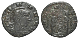 Barbaric issue, imitating Constantine I, c. 4th-5th century. Æ (17mm, 2.32g, 6h). Laureate, helmeted and cuirassed bust r. R/ Two victories standing f...