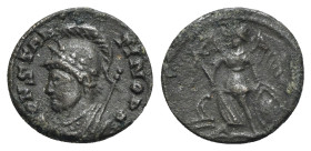 Barbarous Æ, imitating Commemorative series (14mm, 1.25g, 6h). Helmeted and mantled bust of Constantinople l. R/ Victory standing facing, head l., hol...
