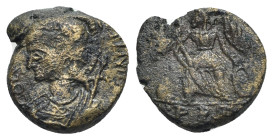 Barbarous Æ, imitating Commemorative series (15mm, 2.66g, 3h). Helmeted and mantled bust of Constantinople l. R/ Victory standing facing, head l., hol...