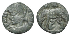 Barbarous Æ, imitating Commemorative series (11mm, 0.62g, 6h). Helmeted and mantled bust of Roma l. R/ She-wolf standing l., head r., suckling the twi...