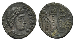 Barbarous Æ, imitating Constantius II, c. 4th-5th century (14.5mm, 1.32g, 6h). Diademed, draped and cuirassed bust r. R/ Two soldiers standing facing ...