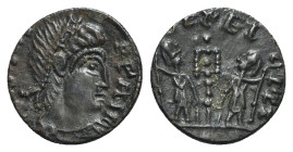 Barbarous Æ, imitating Constantius II, c. 4th-5th century (13mm, 1.00g, 6h). Diademed, draped and cuirassed bust r. R/ Two soldiers standing facing ea...