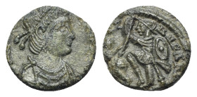 Barbarous Æ, imitating Constans or Constantius II, c. 4th-5th century (10mm, 0.88g, 6h). Diademed, draped and cuirassed bust r. R/ Soldier standing l....