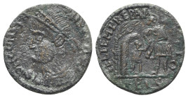 Barbarous Æ, imitating Constans, c. 4th-5th century (21mm, 3.94g, 6h). Diademed, draped and cuirassed bust l., holding globe. R/ Soldier, advancing r....