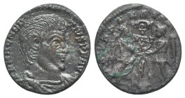 Magnentius (350-353). Æ (19mm, 2.88g, 12h). Imitation of Treveri(?) Bare-headed and cuirassed bust r. R/ Two Victories standing facing each other, hol...