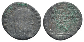 Magnentius (350-353). Æ (17mm, 2.63g, 6h). Imitation of Ambianum(?) Bare-headed and cuirassed bust r. R/ Two Victories standing facing each other, hol...
