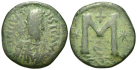 Justin I (518-527). Æ 40 Nummi (31,2mm, 17.3g). Uncertain mint. Diademed, draped and cuirassed bust r. R/ Large M flanked by two stars; above, cross.