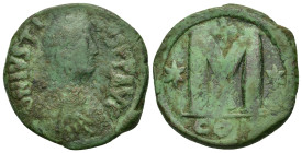 Justinian I (527-565). Æ 40 Nummi (31.5mm, 17.35g). Constantinople. Diademed, draped and cuirassed bust r. R/ Large M flanked by stars; in ex., CON. S...