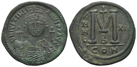 Justinian I (527-565). Æ 40 Nummi (37mm, 22.80g, 6h). Constantinople, year 12 (538/9). Diademed, helmeted and cuirassed facing bust, holding globus cr...