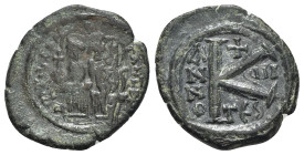 Justin II and Sophia (565-578). Æ 20 Nummi (23mm, 5.90g, 6h). Thessalonica, year 7(?). Nimbate figures of Justin and Sophia seated facing on double th...