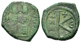 Justin II and Sophia (565-578). Æ 20 Nummi (18,8mm, 5.1g). Thessalonica, year 5 (AD 569/70). Nimbate figures of Justin and Sophia seated facing on dou...