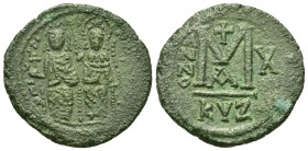 Justin II and Sophia (565-578). Æ 20 Nummi (28,2mm, 9.8g). Cizycus, year 10 (AD 574/5). Nimbate figures of Justin and Sophia seated facing on double t...