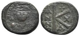 Maurice Tiberius (582-602). Æ 20 Nummi (21mm, 8.91g, 6h). Nicomedia, year 11 (591/2). Crowned and cuirassed facing bust, holding globus cruciger and s...