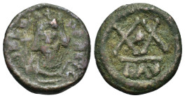 Phocas (602-610). Æ 20 Nummi (19,7mm, 4.33g). Ravenna, AD 602-610. Crowned, draped, and cuirassed bust facing, holding mappa and cross. R/ Large XX; s...