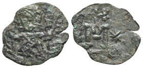 Philippicus (Bardanes, 711-713). Æ 40 Nummi (22.5mm, 1.79g, 6h). Syracuse. Philippicus standing facing, holding cross-tipped sceptre and globus crucig...