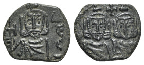 Constantine V with Leo IV (741-775). Æ 40 Nummi (18mm, 2.52g, 6h). Syracuse, 751-775. Crowned facing busts of Constantine and Leo IV, each wearing chl...