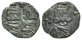 Constantine V with Leo IV (741-775). Æ 40 Nummi (18mm, 1.77g, 6h). Syracuse, 751-775. Crowned facing busts of Constantine and Leo IV, each wearing chl...