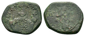 John II (1118-1143). Æ Half Tetarteron (17,5mm, 2g). Thessalonica, AD 1137-1143(?). Christ Pantokrator standing facing on dais. R/ Facing bust of John...