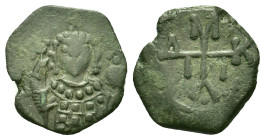 Manuel I (1143-1180). Æ Half Tetarteron (15,2mm, 1.38g). Uncertain Greek mint. Crowned facing bust of Michael, holding labarum and globus cruciger. R/...