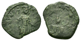 Manuel I Comnenus (1238-1263). Æ Half-Tetarteron (16mm, 1.42g). Uncertain Greek mint. Bust of Christ facing, beardless, wearing nimbus cross, holding ...