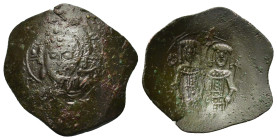 Alexius III Angelus-Comnenus (1195-1204). Æ Trachy (25mm, 2.77g). Constantinople. Bust of Christ facing. R/ Alexius and St. Constantine standing facin...