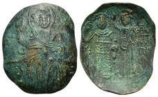 Empire of Nicaea. John III Ducas (1222-1254). Æ Hyperpyron (21,6mm, 2.95g). Uncertain mint. Christ Pantokrator seated facing on throne. R/ John standi...