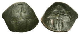 Empire of Thessalonica. John Comnenus-Ducas (1237-1242). Æ Trachy (16mm, 0.63g). Uncertain (lis?). R/ Facing busts of John and St. Demetrius; between ...