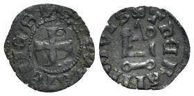 Principality of Achaea. Gui II de La Roche (1287-1308). BI Denier (17mm, 0.58g). Thebes. Cross pattée. R/ Château tournois. Metcalf, Crusades 1071. VF...