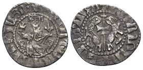 Cilician Armenia, Levon I (1198-1219). AR Tram (23mm, 2.68g, 9h). Levon seated facing on lion throne, footstool below. R/ Two lions rampant back-to-ba...