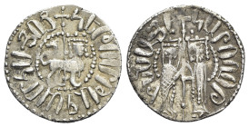 Cilician Armenia, Hetoum I and Zabel (1226-1270). AR Tram (20mm, 2.87g, 9h). Zabel and Hetoum standing facing, holding long cross between them. R/ Lio...