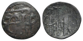 Bulgaria, Ivan Alexander (1331-1371). BI Trachy (17mm, 1.27g, 6h). Monograms. R/ Ivan Alexander and Theodora standing facing, holding long staff with ...