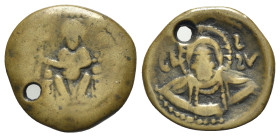 Italy, Sicily, Messina. Ruggero II (Conte, 1105-1130). Æ Doppio Follaro (19mm, 3.32g, 6h). Ruggero seated facing, holding cross-tipped sceptre. R/ Fac...