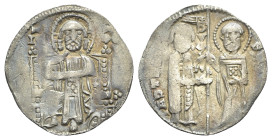 Italy, Venezia. Uncertain. AR Grosso (20mm, 1.82g, 6h). Doge and S. Marco standing facing, holding banner between them. R/ Christ, nimbate, seated fac...