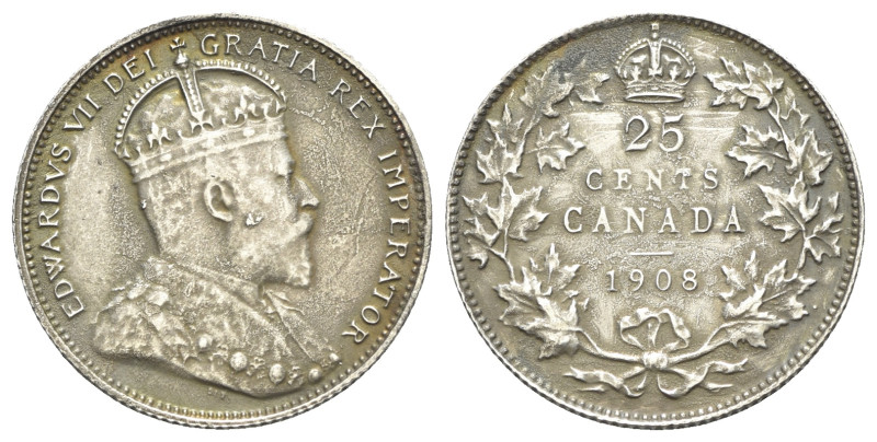 Canada, Edward VII (1901-1910). AR 25 Cents 1908 (23mm, 5.10g, 12h). KM 11. Near...