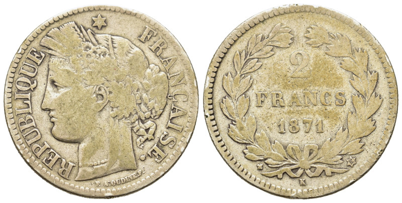 France. Third Republic (1871-1940). AR France 2 Francs 1871 K (27mm, 9.64g). KM ...