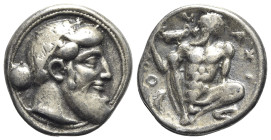 Sicily, Naxos, c. 461-430 BC. Replica of Tetradrachm (25mm, 6.90g, 10h). Bearded head of Dionysos r. R/ Silenos, squatting half-left, holding up kanth...