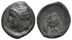 Sicily, Tyndaris, c. 210-200 BC. Replica of Æ (22mm, 6.31g, 11h). Laureate head of Apollo l. R/ Warrior standing l., holding spear and resting hand on...