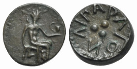 Islands of Sicily, Lipara, c. 420-400 BC. Replica of Æ Tetras or Trionkion (16mm, 4.80g). Hephaistos seated r., holding hammer and kantharos. R/ Three...