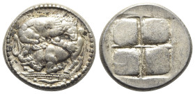 Macedon, Akanthos, c. 430-390 BC. Replica of AR Tetradrachm (26mm, 16.90g). Lion, r., attacking bull kneeling to l. R/ Quadripartite square. Modern re...