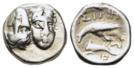 Moesia, Istros, 4th century BC. Replica of AR Drachm (17mm, 4.80g). Two facing male heads side by side, one upright and the other inverted. R/ Sea-eag...