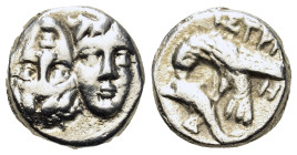 Moesia, Istros, c. 340/30-313 BC. Replica of AR Drachm (17mm, 4.90g). Two facing male heads side by side, one upright and the other inverted. R/ Sea-e...