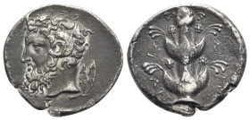 Kyrene, c. 435-331 BC. Replica of AR Tetradrachm (26mm, 9.88g, 12h). Silphion plant. R/ Head of Karneios l. Modern replica for study