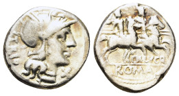 Cn. Lucretius Trio, Rome, 136 BC. Replica of AR Denarius (19mm, 3.70g). Helmeted head of Roma r. R/ Dioscuri on horseback riding r. Cf. Crawford 237/1...