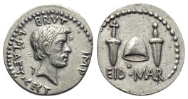 Brutus, late summer-autumn 42 BC. Replica of AR Denarius (20mm, 3.28g, 12h). L. Plaetorius Cestianus, magistrate. Bare head of Brutus r. R/ Pileus bet...